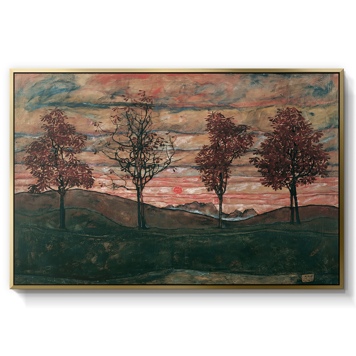 Four Trees, 1917 by Egon Schiele in a gold floater framed canvas wall art display.
