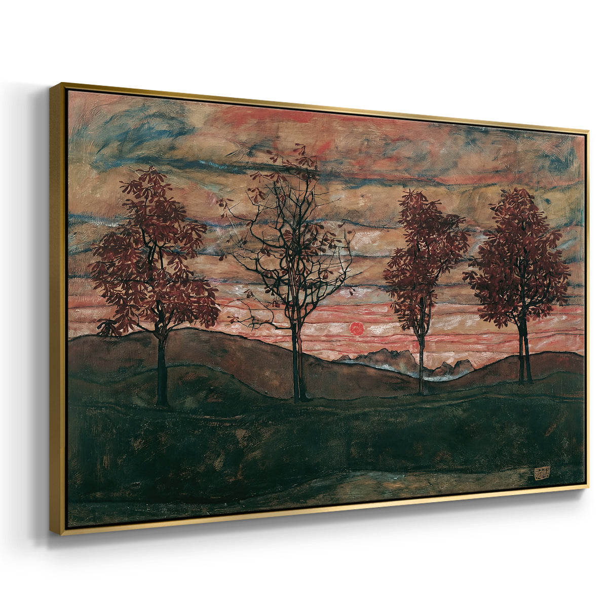 Angled view of Four Trees, 1917 by Egon Schiele in a gold floater framed canvas.