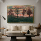 Four Trees, 1917 by Egon Schiele as a gold floater framed canvas featuring four trees standing in open landscape against colorful sky, displayed above a sofa in a modern living room.