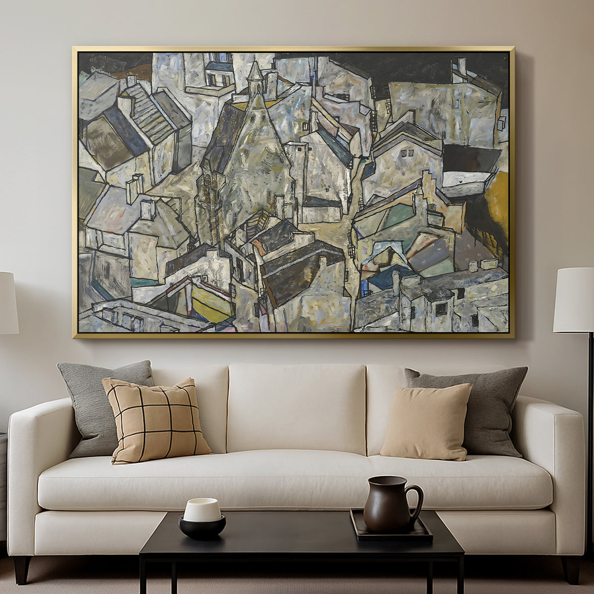 Mödling II, 1918 by Egon Schiele displayed in a gold floater framed canvas above a sofa in a clean living room.