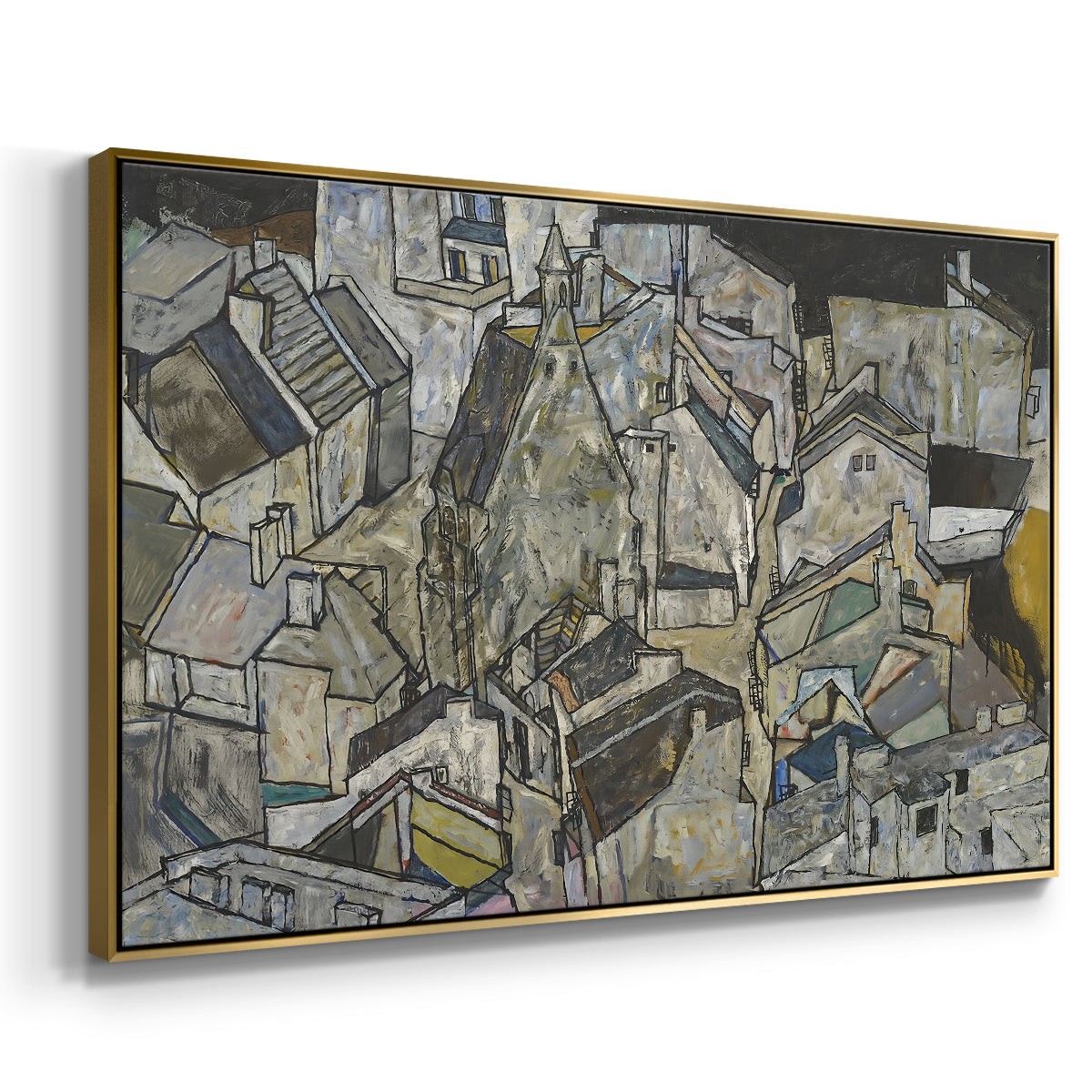 Angled view of Mödling II, 1918 by Egon Schiele in a gold floater framed canvas.