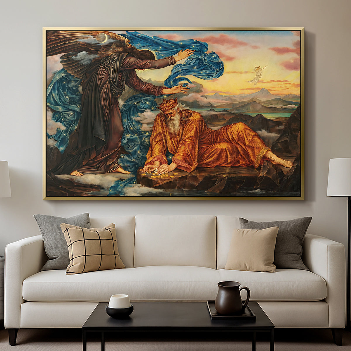 Earthbound, 1897 by Evelyn De Morgan displayed in a gold floater framed canvas above a sofa in a clean living room.