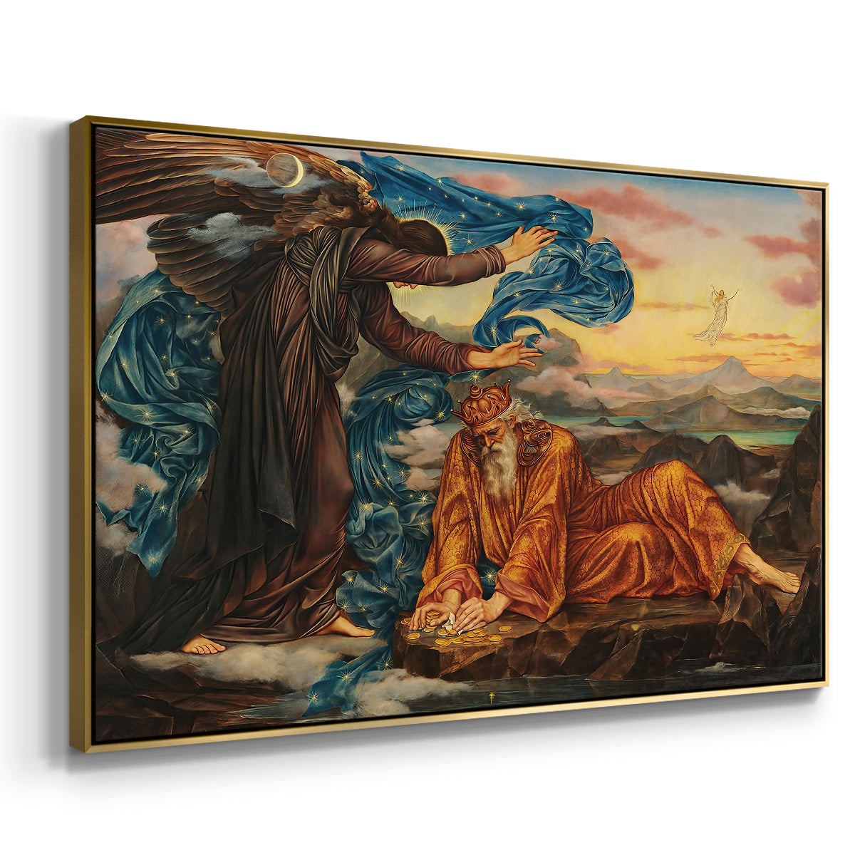 Angled view of Earthbound, 1897 by Evelyn De Morgan in a gold floater framed canvas.