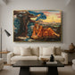 Earthbound, 1897 by Evelyn De Morgan as a gold floater framed canvas featuring a reclining female figure surrounded by symbolic elements in dreamlike setting, displayed above a sofa in a modern living room.