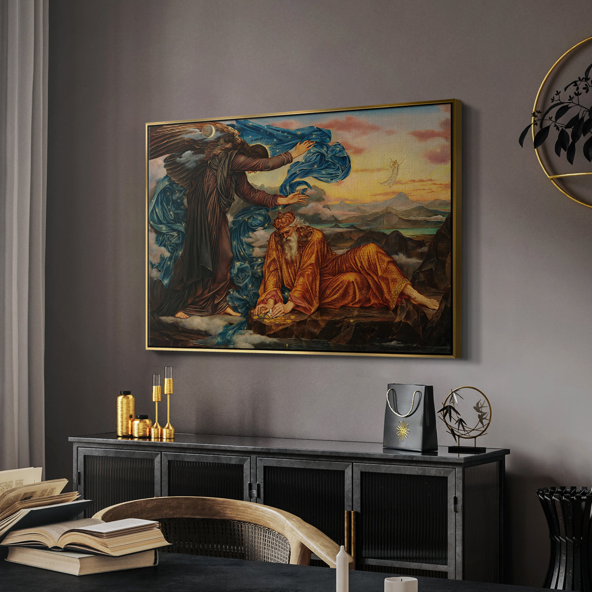 Earthbound, 1897 by Evelyn De Morgan in a gold floater framed canvas featuring a symbolic composition exploring human form and spiritual themes, displayed above a desk in a dark home office interior.