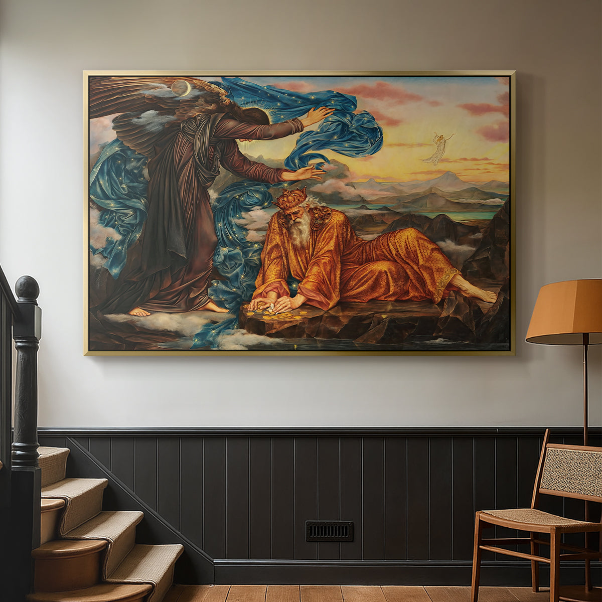 Gold floater framed canvas featuring a classical-style figure lying in ornate, mystical environment, displayed in a hallway near a staircase.
