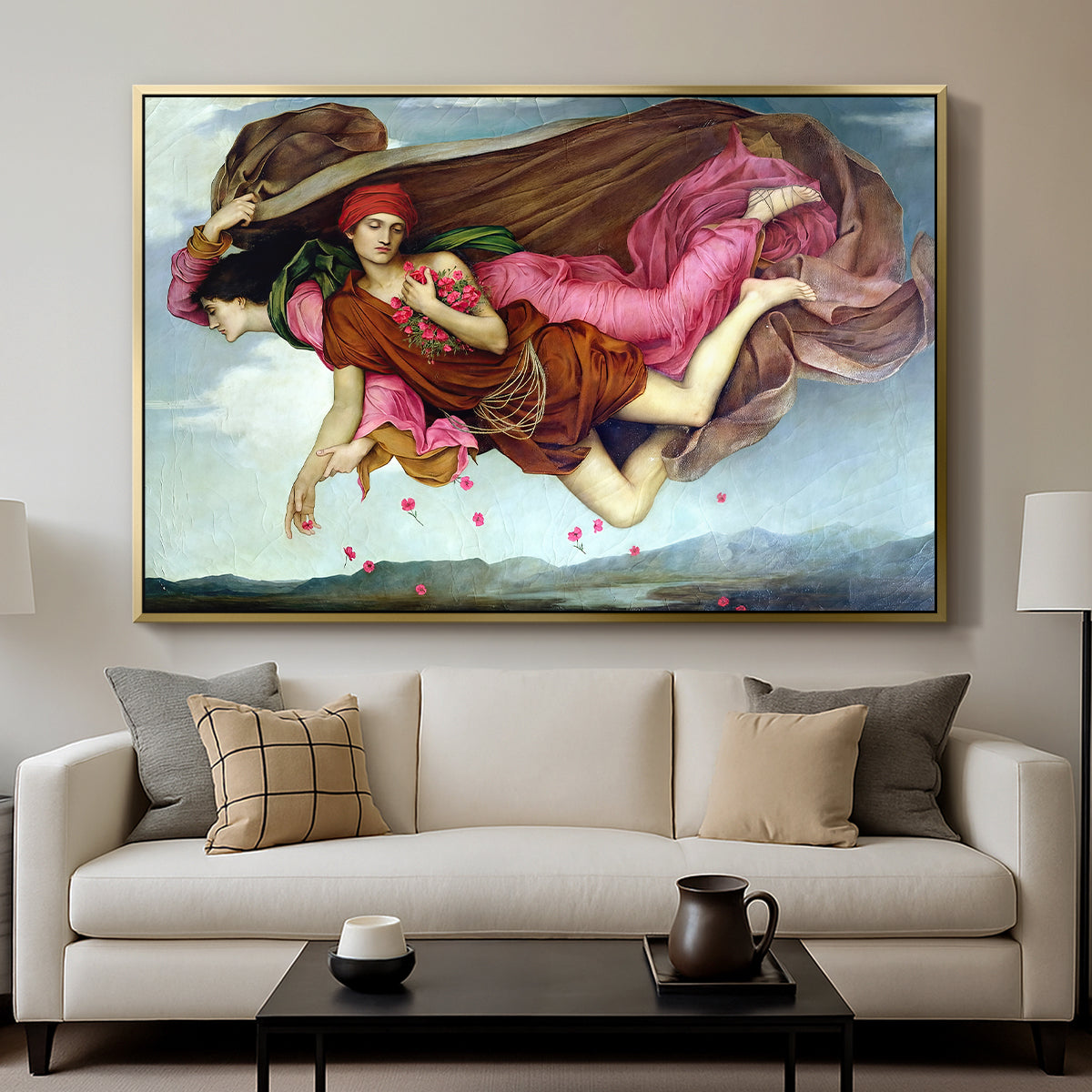 Night and Sleep, 1878 by Evelyn De Morgan displayed in a gold floater framed canvas above a sofa in a clean living room.