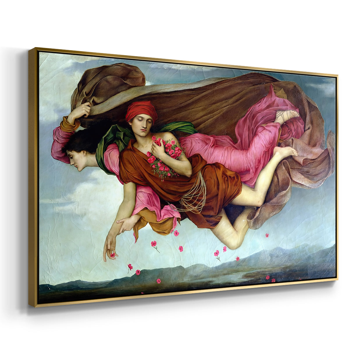Angled view of Night and Sleep, 1878 by Evelyn De Morgan in a gold floater framed canvas.