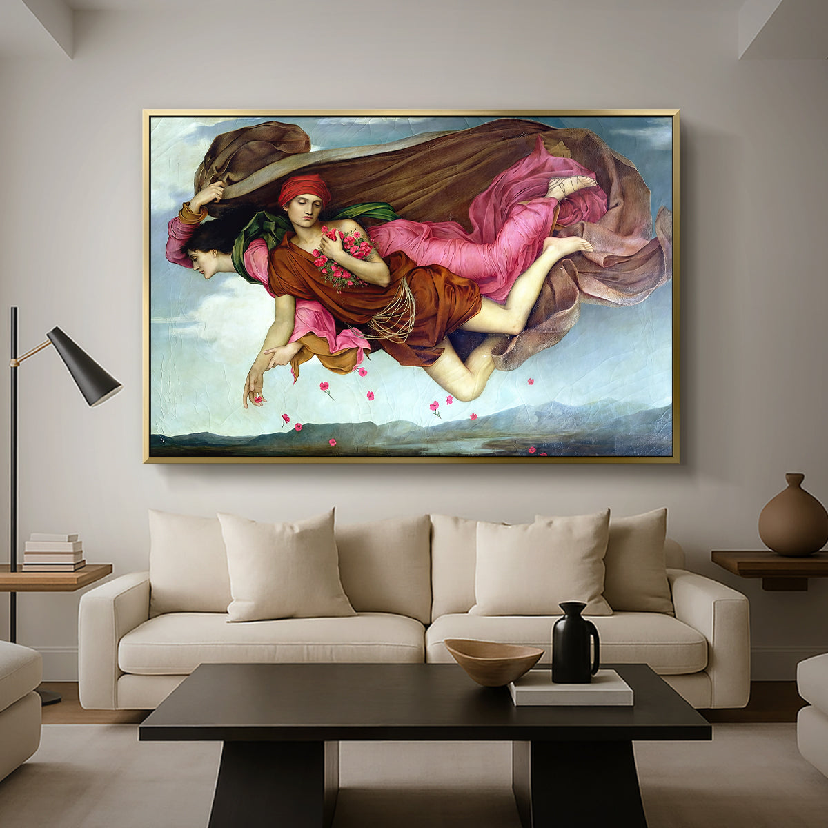 Night and Sleep, 1878 by Evelyn De Morgan as a gold floater framed canvas featuring two intertwined female figures floating through dark sky representing night and sleep, displayed above a sofa in a modern living room.