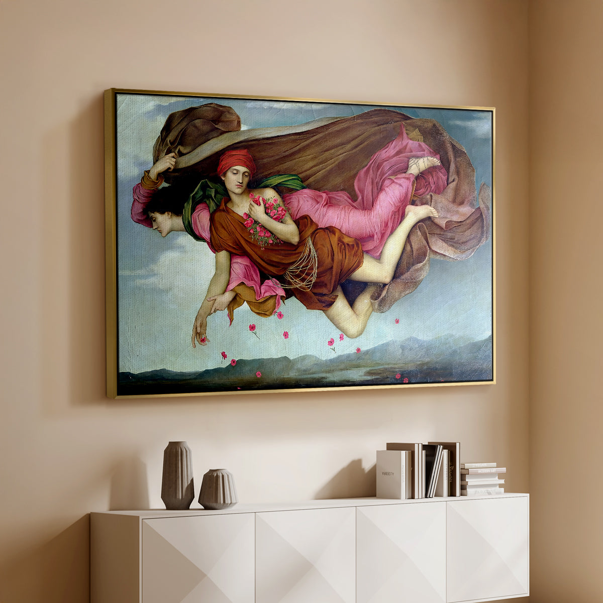 Gold floater framed canvas of Night and Sleep, 1878 by Evelyn De Morgan, featuring a symbolic depiction of night and sleep as ethereal figures in motion above a console cabinet in a minimalist entryway.