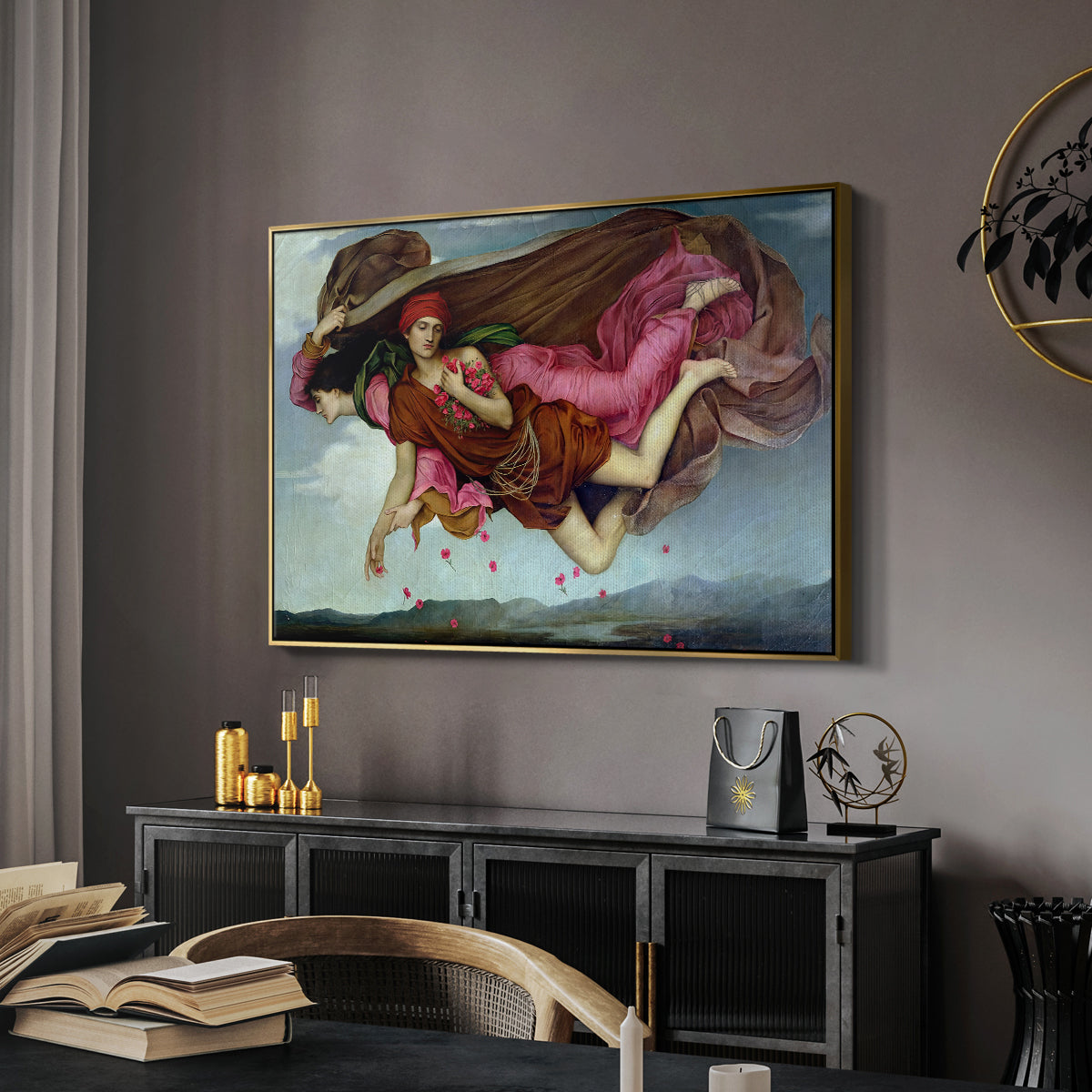 Night and Sleep, 1878 by Evelyn De Morgan in a gold floater framed canvas featuring a dreamlike scene with draped figures drifting across dark background, displayed above a desk in a dark home office interior.