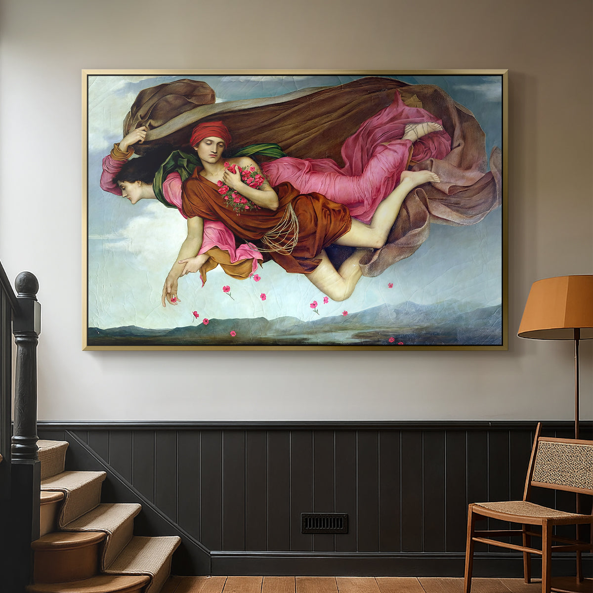 Gold floater framed canvas featuring an allegorical painting of intertwined figures in celestial setting, displayed in a hallway near a staircase.