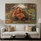 A Soul in Hell, c. 1901-1902 by Evelyn De Morgan displayed in a gold floater framed canvas above a sofa in a clean living room.