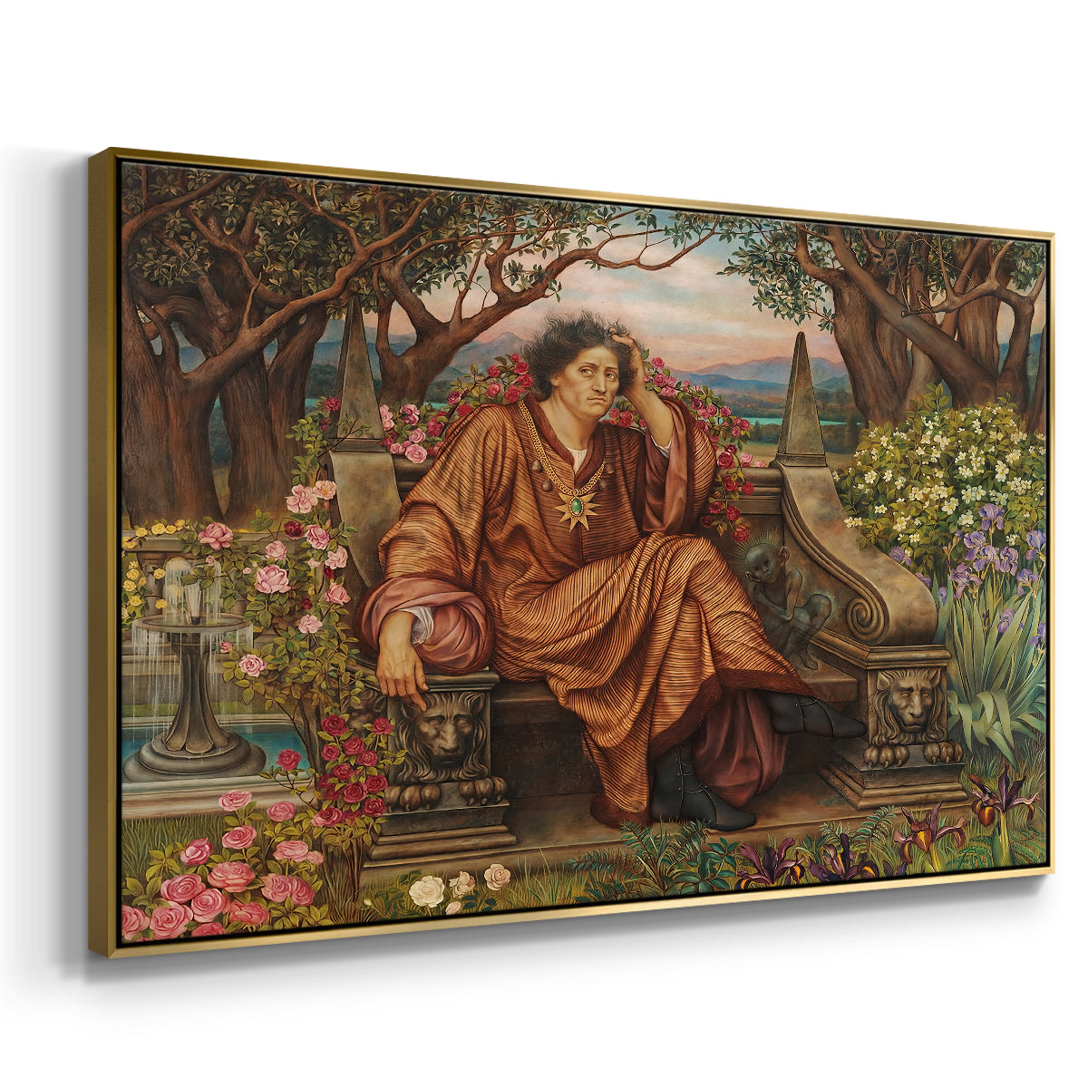 Angled view of A Soul in Hell, c. 1901-1902 by Evelyn De Morgan in a gold floater framed canvas.
