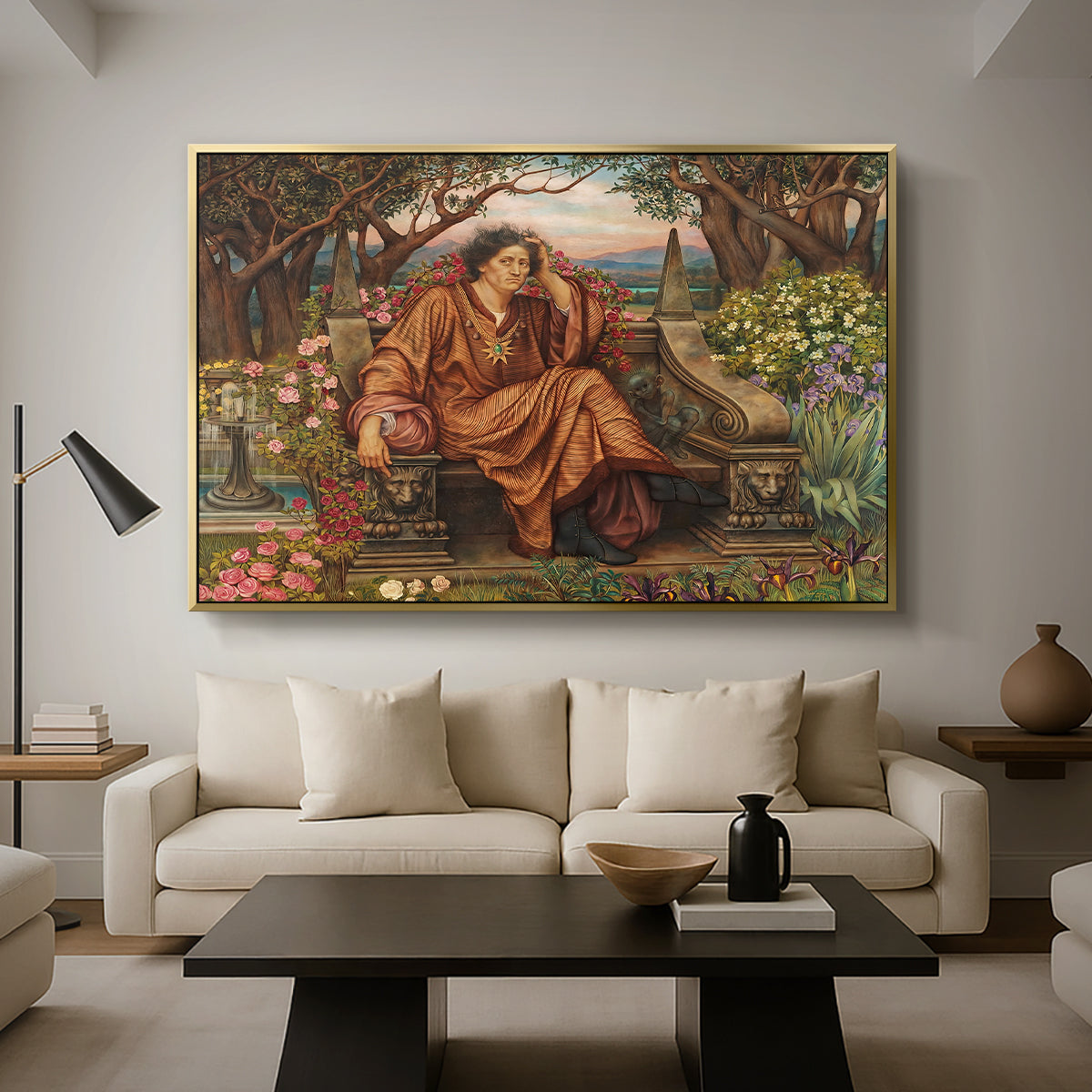 A Soul in Hell, c. 1901-1902 by Evelyn De Morgan as a gold floater framed canvas featuring a distressed figure surrounded by flames and torment in symbolic hell scene, displayed above a sofa in a modern living room.