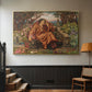 Gold floater framed canvas featuring an emotional scene representing torment and spiritual struggle, displayed in a hallway near a staircase.
