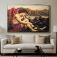 The Angel with the Serpent, c. 1870-1875 by Evelyn De Morgan displayed in a gold floater framed canvas above a sofa in a clean living room.
