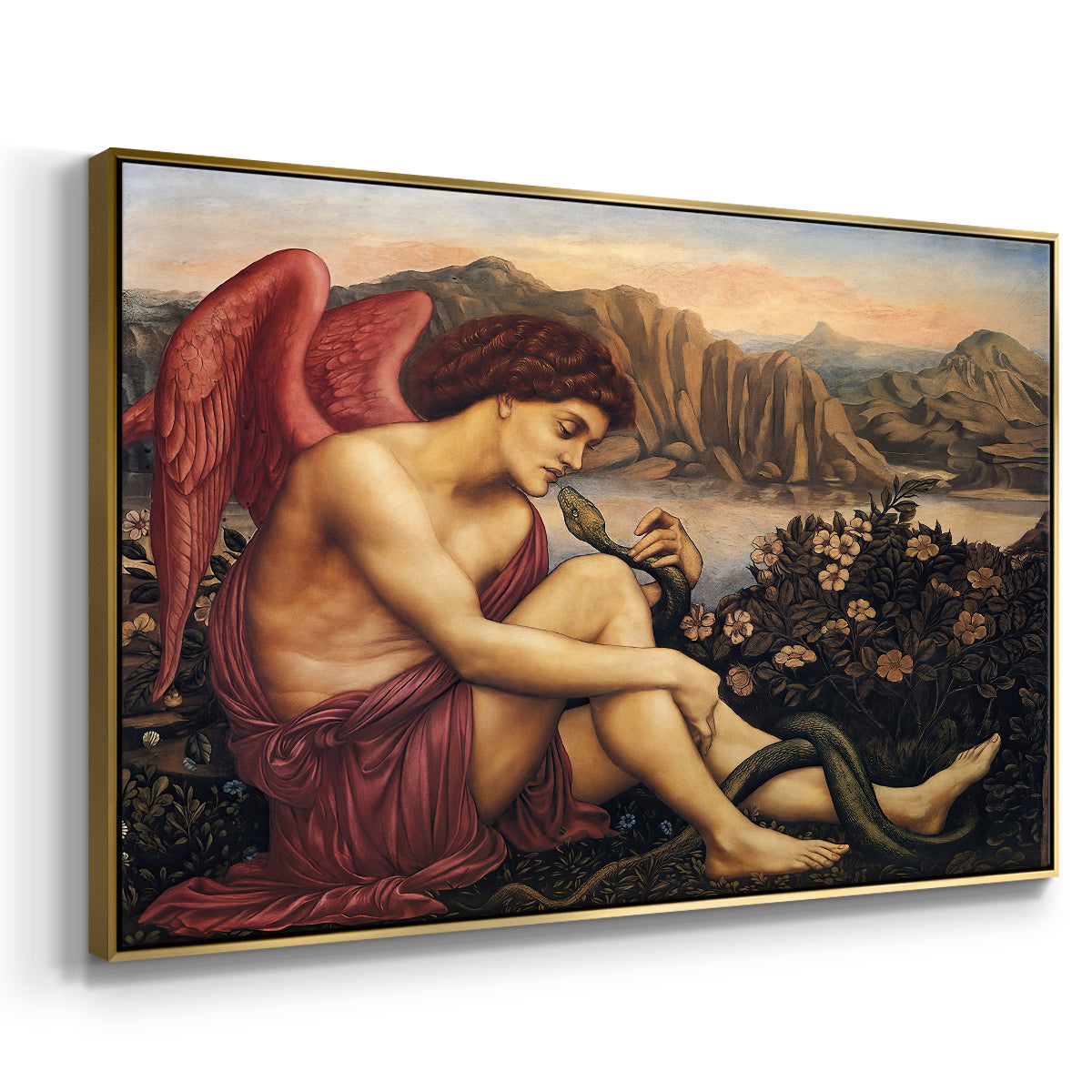 Angled view of The Angel with the Serpent, c. 1870-1875 by Evelyn De Morgan in a gold floater framed canvas.