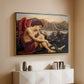 Gold floater framed canvas of The Angel with the Serpent, c. 1870-1875 by Evelyn De Morgan, featuring a winged figure standing over serpent in allegorical composition above a console cabinet in a minimalist entryway.