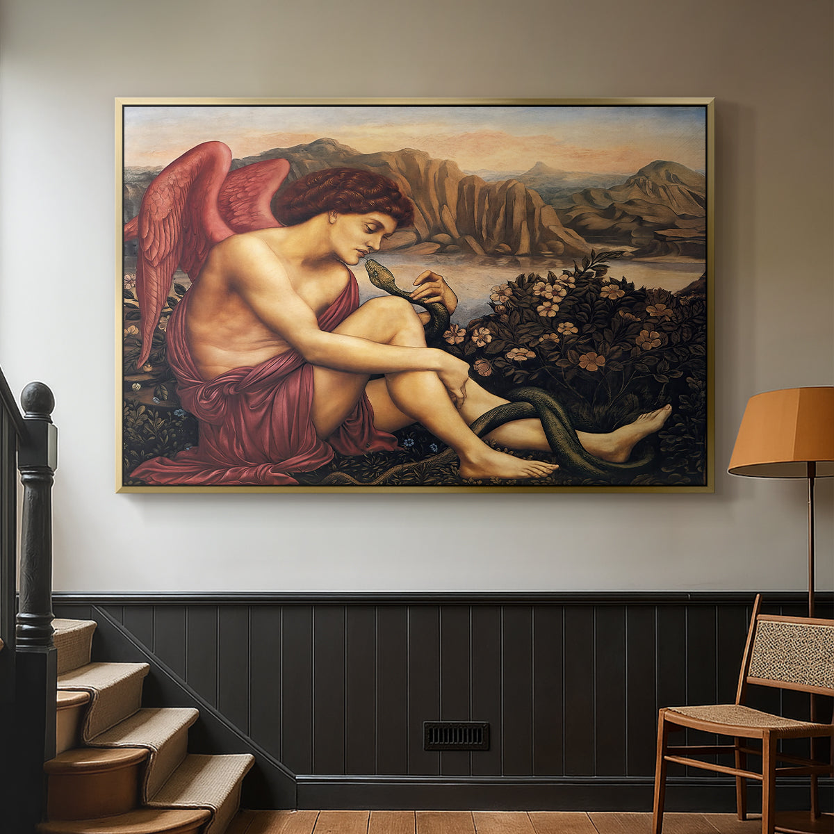 Gold floater framed canvas featuring a symbolic imagery of purity overcoming evil forces, displayed in a hallway near a staircase.