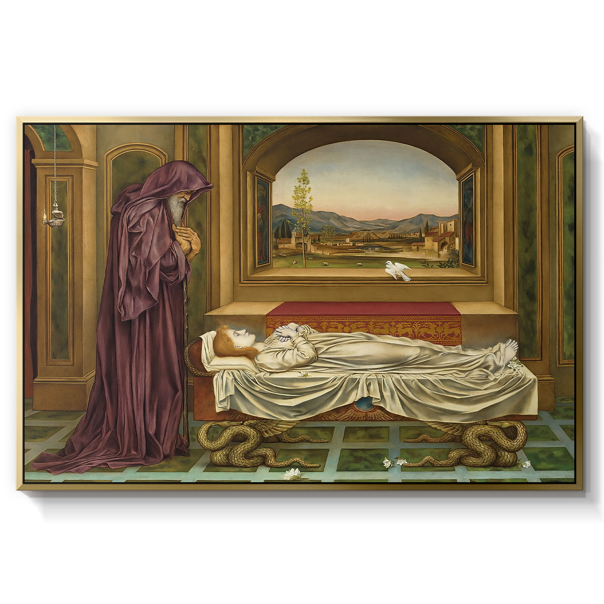 The Wandering Jew: Whom the Gods Love Die Young, 1888 by Evelyn De Morgan in a gold floater framed canvas wall art display.