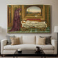 The Wandering Jew: Whom the Gods Love Die Young, 1888 by Evelyn De Morgan displayed in a gold floater framed canvas above a sofa in a clean living room.