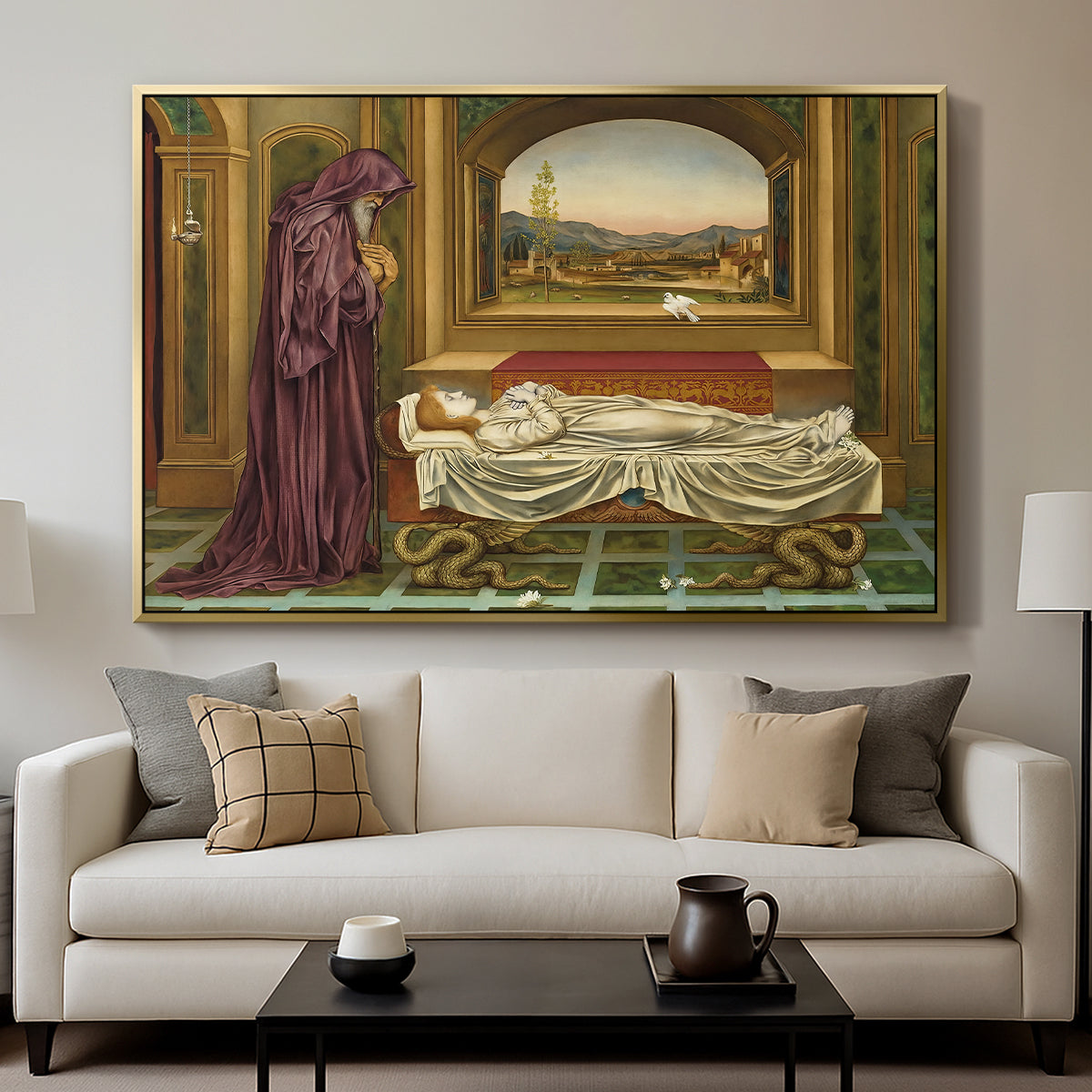 The Wandering Jew: Whom the Gods Love Die Young, 1888 by Evelyn De Morgan displayed in a gold floater framed canvas above a sofa in a clean living room.