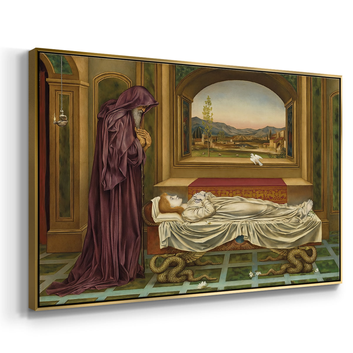 Angled view of The Wandering Jew: Whom the Gods Love Die Young, 1888 by Evelyn De Morgan in a gold floater framed canvas.