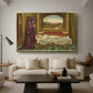 The Wandering Jew: Whom the Gods Love Die Young, 1888 by Evelyn De Morgan as a gold floater framed canvas featuring a solitary figure standing in interior space with contemplative expression, displayed above a sofa in a modern living room.