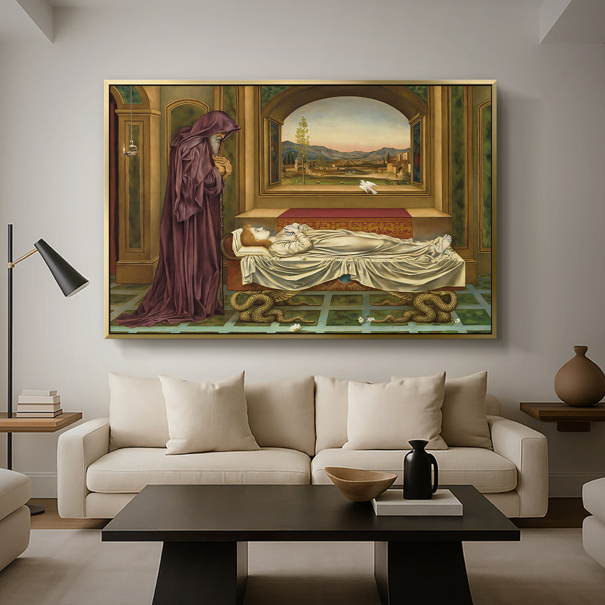 The Wandering Jew: Whom the Gods Love Die Young, 1888 by Evelyn De Morgan as a gold floater framed canvas featuring a solitary figure standing in interior space with contemplative expression, displayed above a sofa in a modern living room.