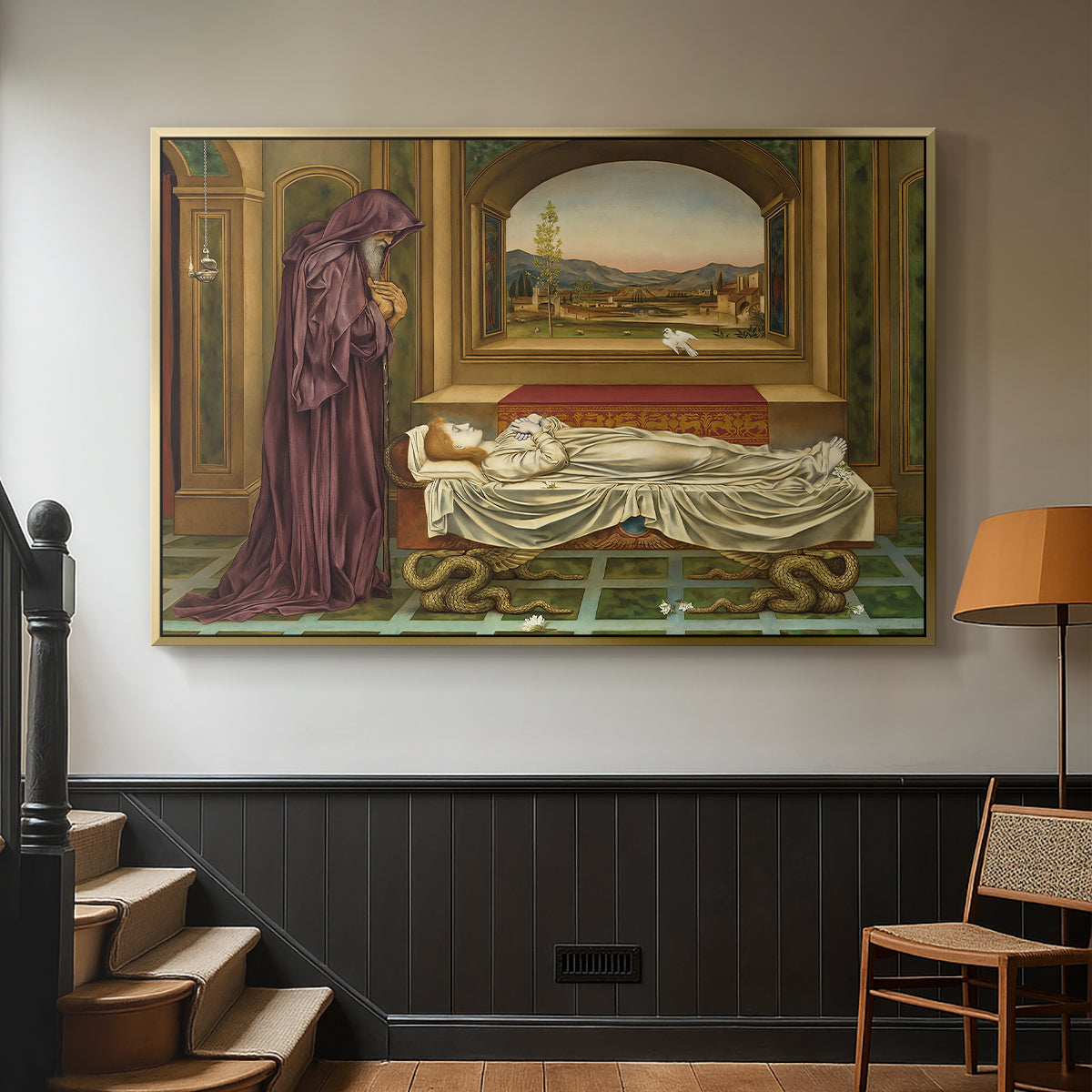 Gold floater framed canvas featuring a narrative composition with figure paused in reflective moment, displayed in a hallway near a staircase.