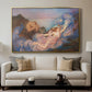 Twilight, 1914 by Evelyn De Morgan displayed in a gold floater framed canvas above a sofa in a clean living room.