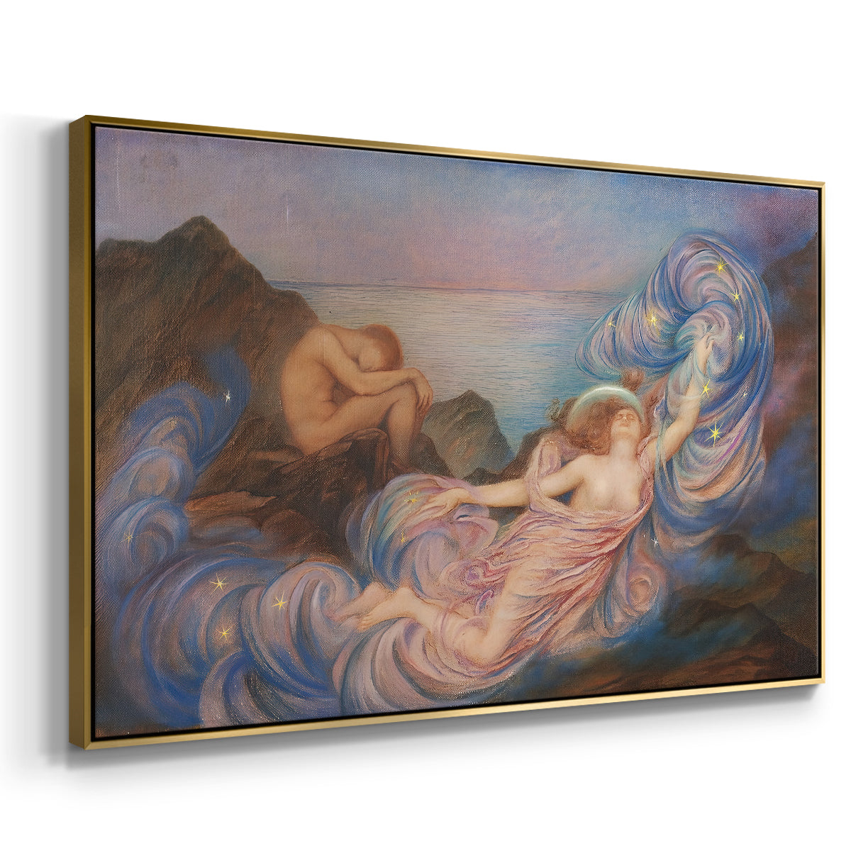 Angled view of Twilight, 1914 by Evelyn De Morgan in a gold floater framed canvas.
