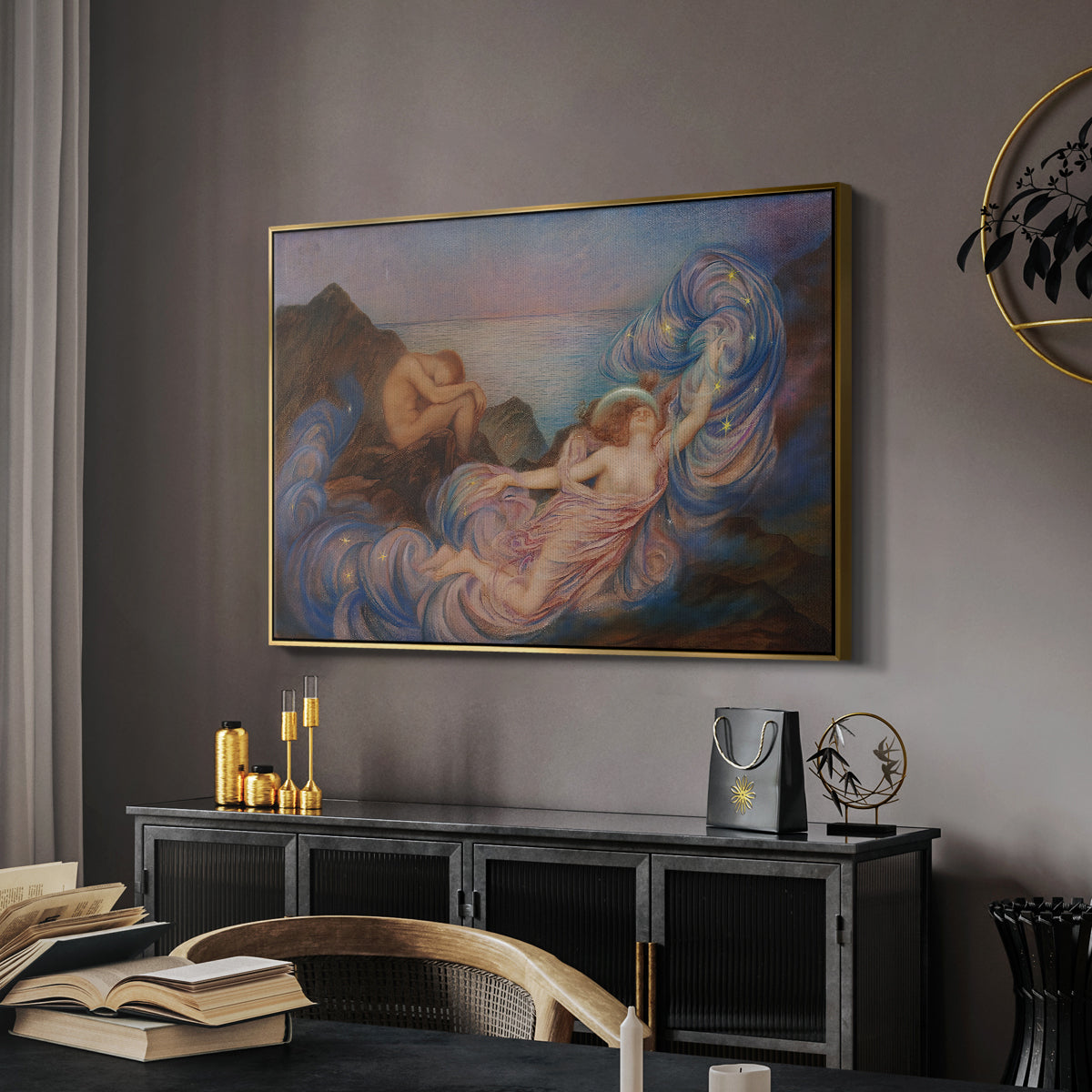 Twilight, 1914 by Evelyn De Morgan in a gold floater framed canvas featuring a dreamlike composition with woman in fading light, displayed above a desk in a dark home office interior.