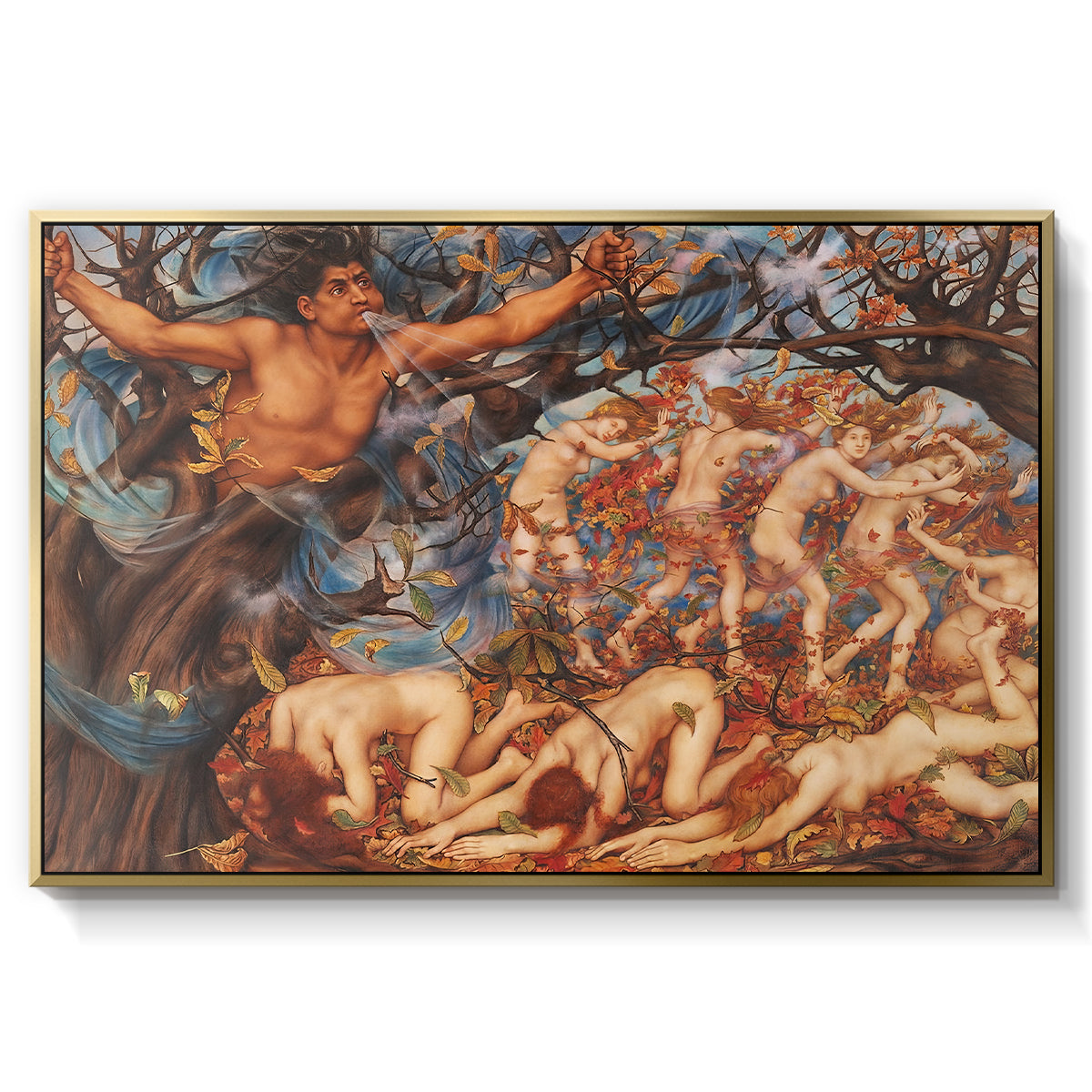 Boreas and the Fallen Leaves, c. 1910-1914 by Evelyn De Morgan in a gold floater framed canvas wall art display.