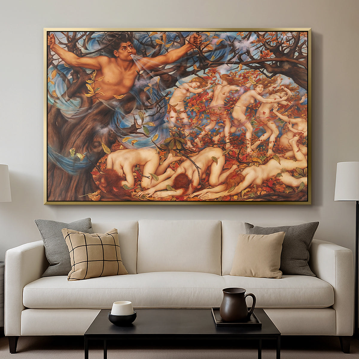 Boreas and the Fallen Leaves, c. 1910-1914 by Evelyn De Morgan displayed in a gold floater framed canvas above a sofa in a clean living room.