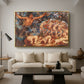 Boreas and the Fallen Leaves, c. 1910-1914 by Evelyn De Morgan as a gold floater framed canvas featuring swirling figures carried by wind among falling leaves in dynamic composition, displayed above a sofa in a modern living room.