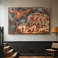 Gold floater framed canvas featuring a symbolic representation of motion and seasonal change, displayed in a hallway near a staircase.