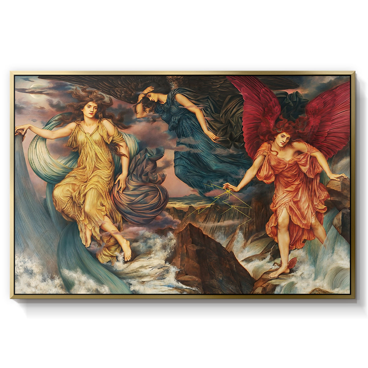 The Storm Spirits, 1900 by Evelyn De Morgan in a gold floater framed canvas wall art display.