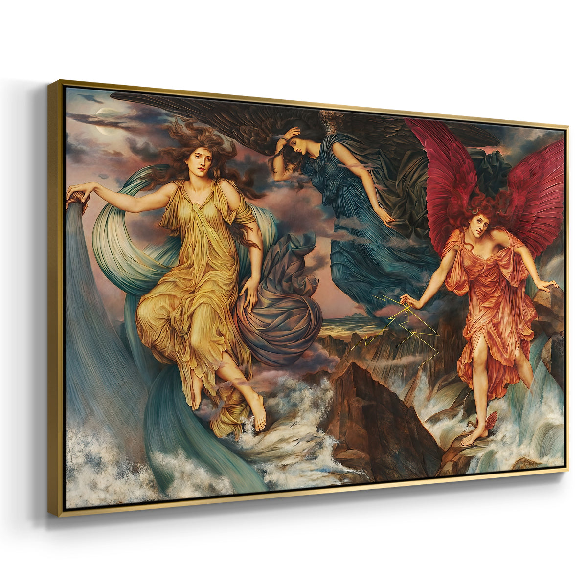 Angled view of The Storm Spirits, 1900 by Evelyn De Morgan in a gold floater framed canvas.