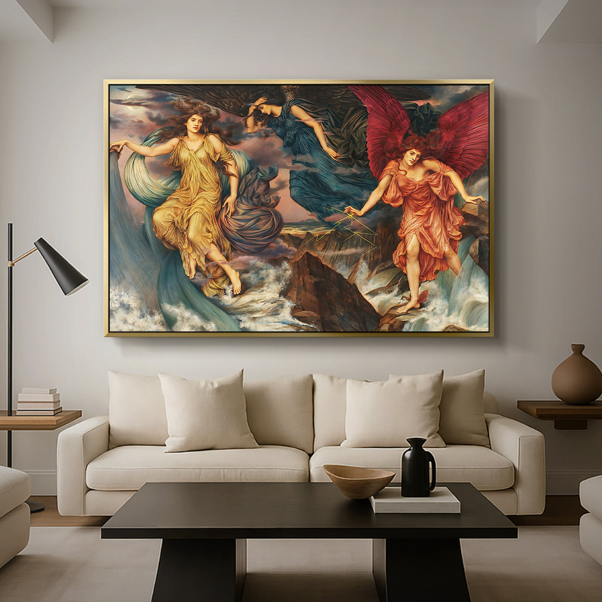 The Storm Spirits, 1900 by Evelyn De Morgan as a gold floater framed canvas featuring multiple figures swirling through sky representing storm forces in motion, displayed above a sofa in a modern living room.