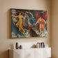 Gold floater framed canvas of The Storm Spirits, 1900 by Evelyn De Morgan, featuring a dramatic allegory of spirits moving within turbulent sky above a console cabinet in a minimalist entryway.