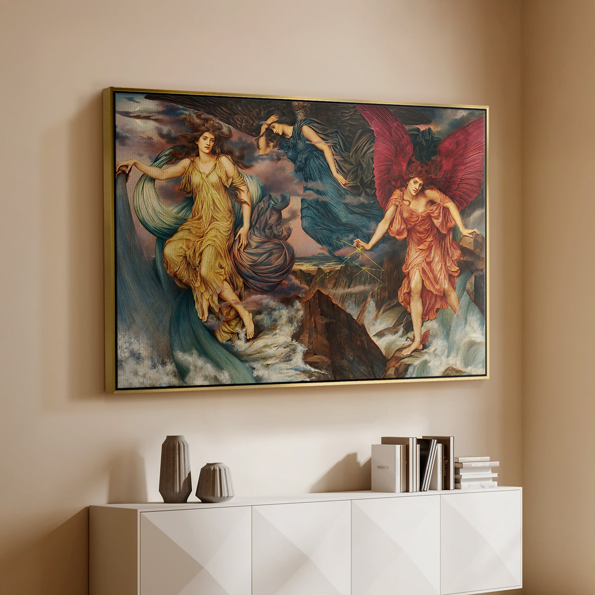 Gold floater framed canvas of The Storm Spirits, 1900 by Evelyn De Morgan, featuring a dramatic allegory of spirits moving within turbulent sky above a console cabinet in a minimalist entryway.