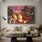 The Vision, 1914 by Evelyn De Morgan as a gold floater framed canvas featuring two female figures gazing outward with vivid sky behind them, displayed above a sofa in a modern living room.