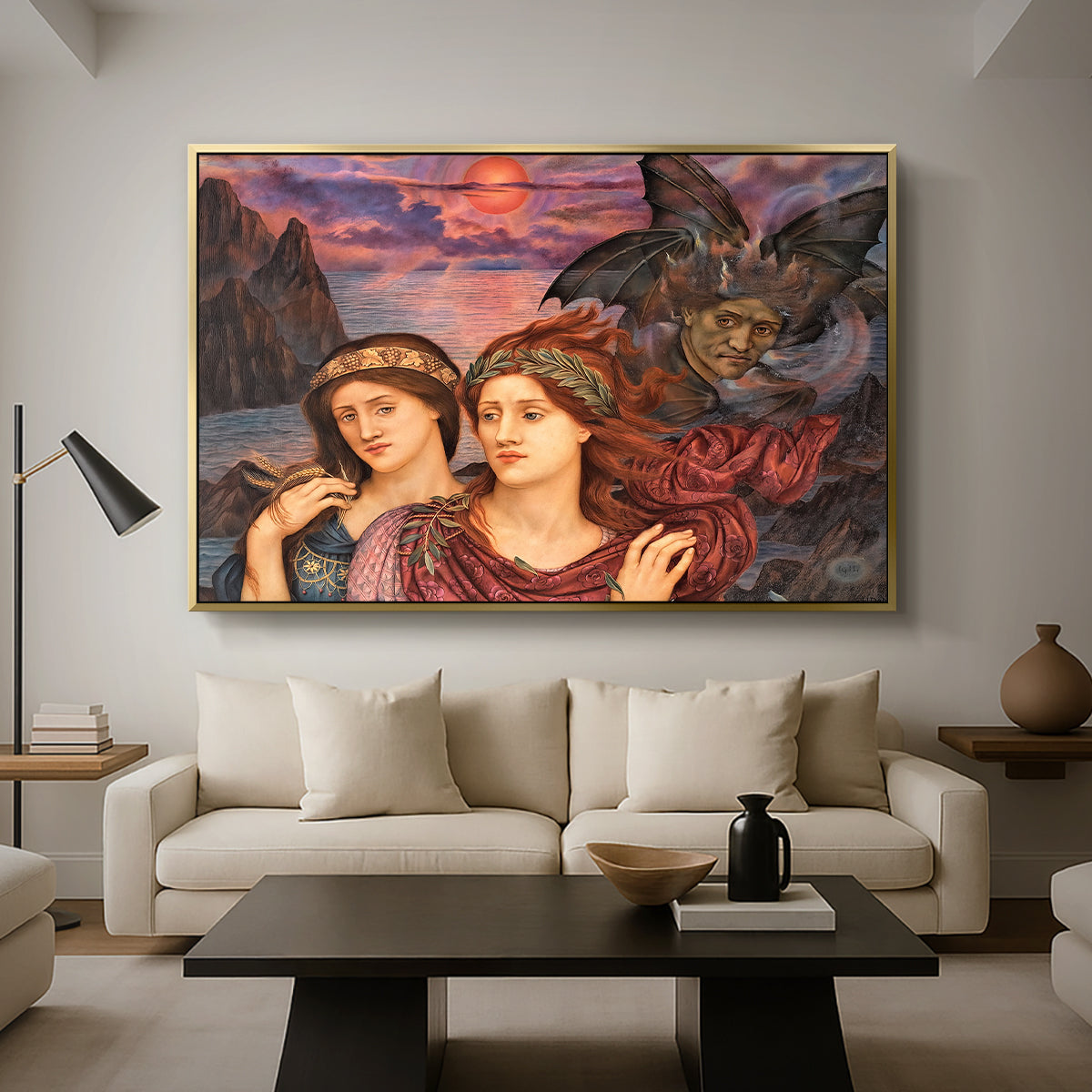 The Vision, 1914 by Evelyn De Morgan as a gold floater framed canvas featuring two female figures gazing outward with vivid sky behind them, displayed above a sofa in a modern living room.