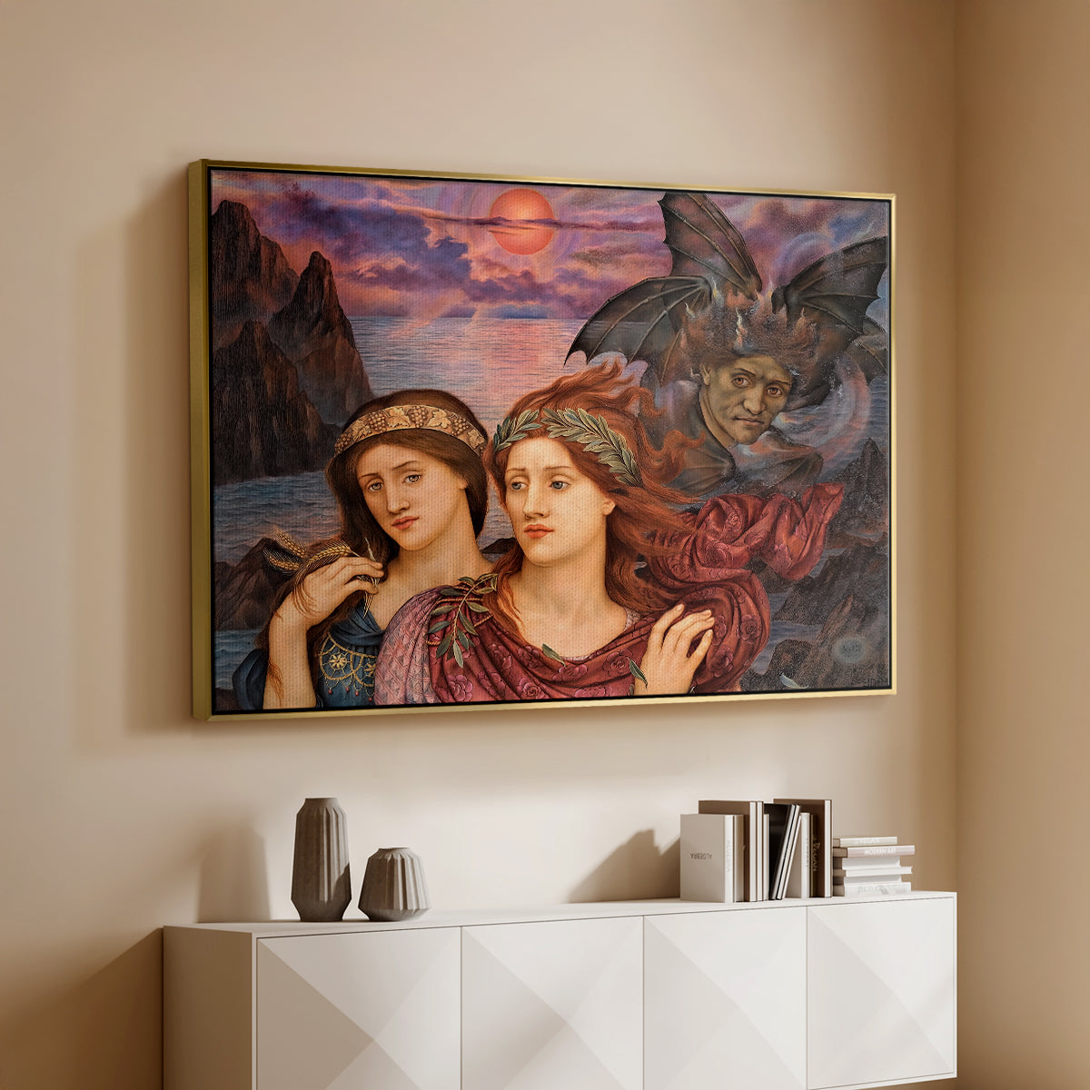 Gold floater framed canvas of The Vision, 1914 by Evelyn De Morgan, featuring a symbolic portrait of women framed by colorful atmospheric background above a console cabinet in a minimalist entryway.