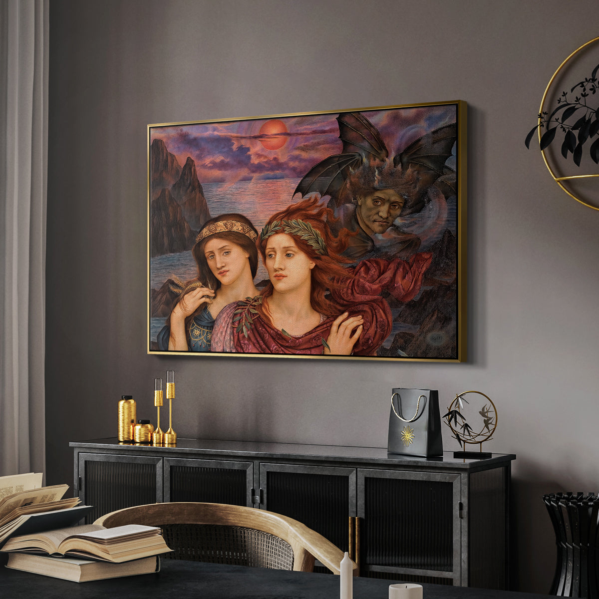 The Vision, 1914 by Evelyn De Morgan in a gold floater framed canvas featuring an expressive composition with figures and dramatic sky, displayed above a desk in a dark home office interior.