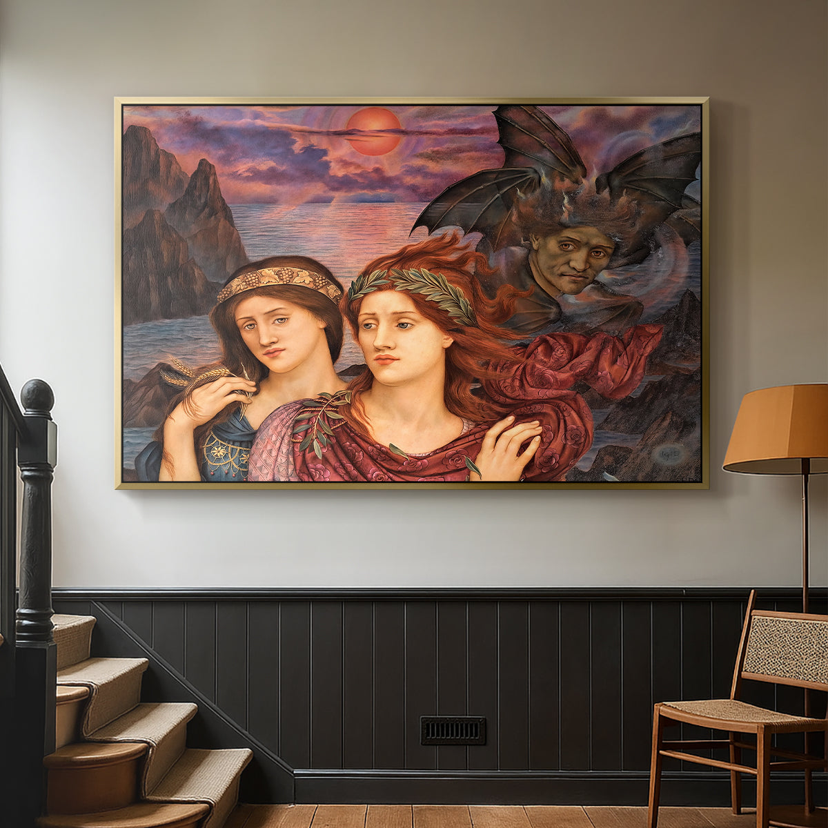 Gold floater framed canvas featuring an allegorical scene emphasizing emotion and color, displayed in a hallway near a staircase.