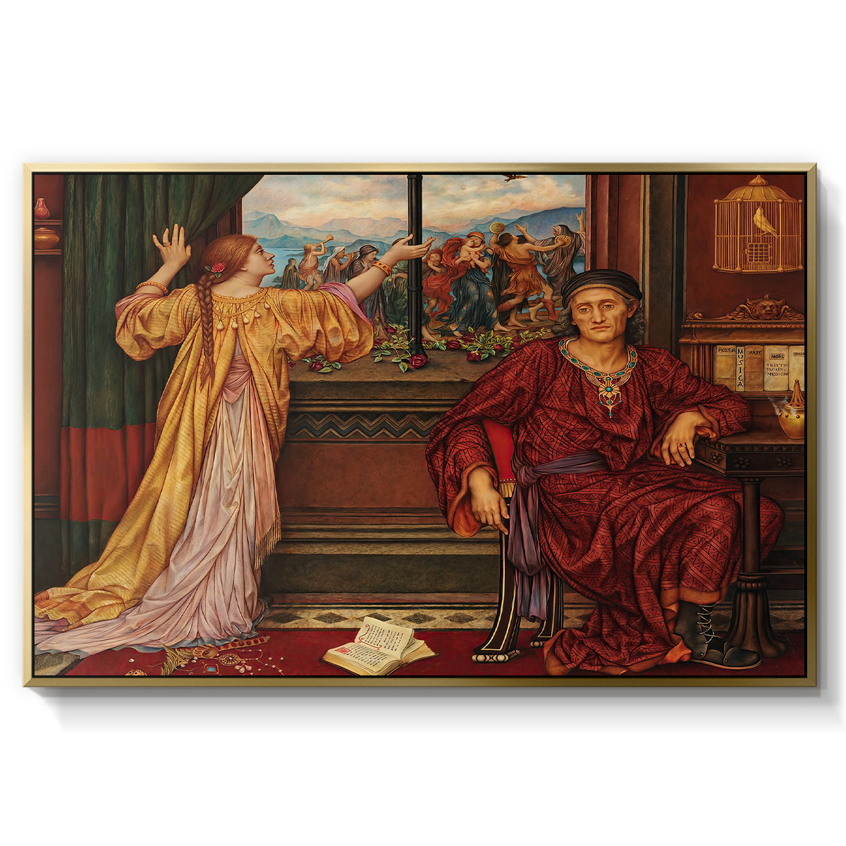 The Gilded Cage, c. 1901-1902 by Evelyn De Morgan in a gold floater framed canvas wall art display.