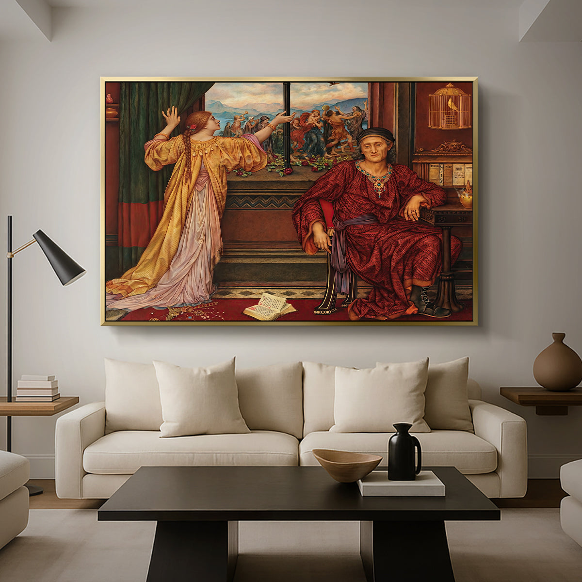 The Gilded Cage, c. 1901-1902 by Evelyn De Morgan as a gold floater framed canvas featuring a woman seated inside ornate interior symbolizing confinement and luxury, displayed above a sofa in a modern living room.